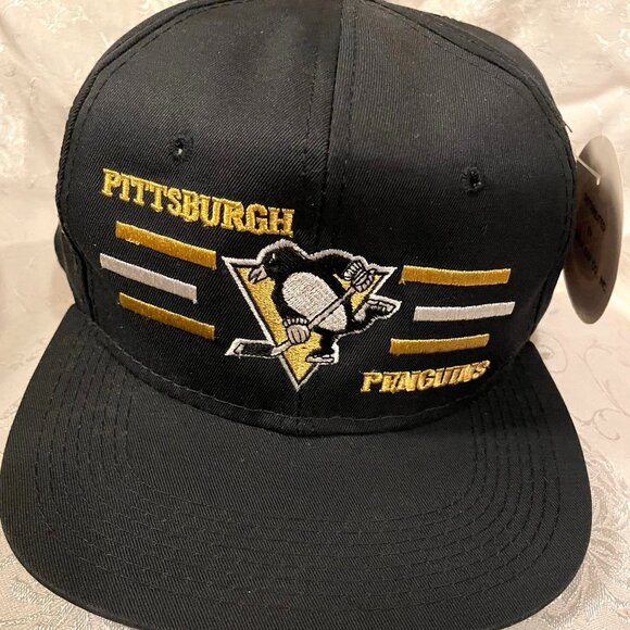 1990s Rare Pittsburgh Penguins Black Twill Cotton Snapback Cap Iconic Logo NWT - Picture 1 of 10